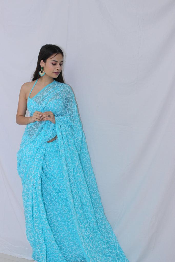 Tepchi Chikankari Sarees Sky Blue