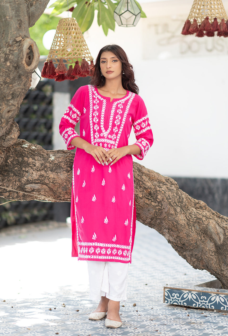 Malhar Rayon Long Chikankari Kurti Magenta-Pink