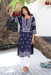 Malhar Rayon Long Chikankari Kurti Navy Blue