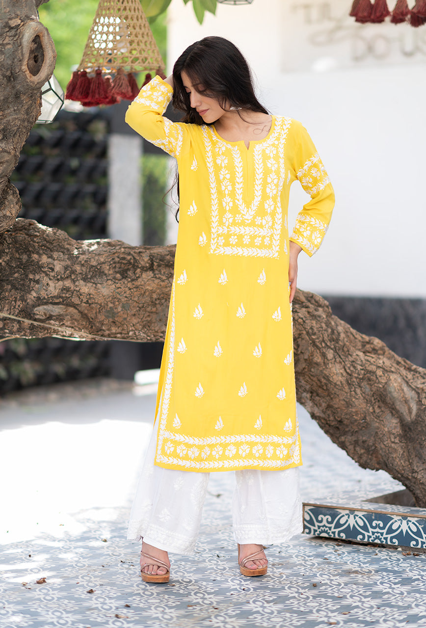 Malhar Rayon Long Chikankari Kurti Yellow