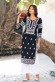 Malhar Rayon Long Chikankari Kurta Black