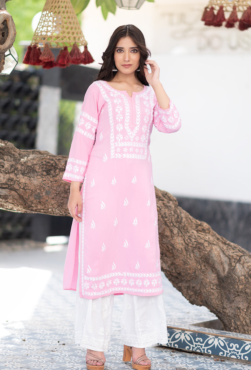 Malhar Rayon Long Chikankari Kurti Baby Pink