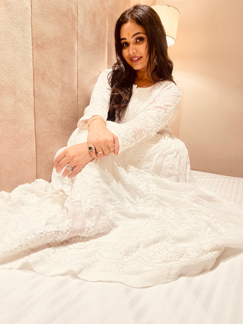 Sneh Premium Viscose Chikankari Gown White