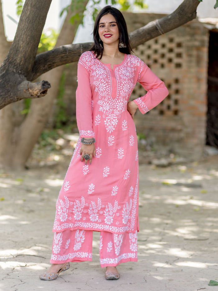 Lali Peach Chikankari Kurti Sets – The Lucknowi Chikan