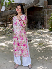 Sonu Kakkar Styled Mulmul Chikankari Kurta Deep Pink