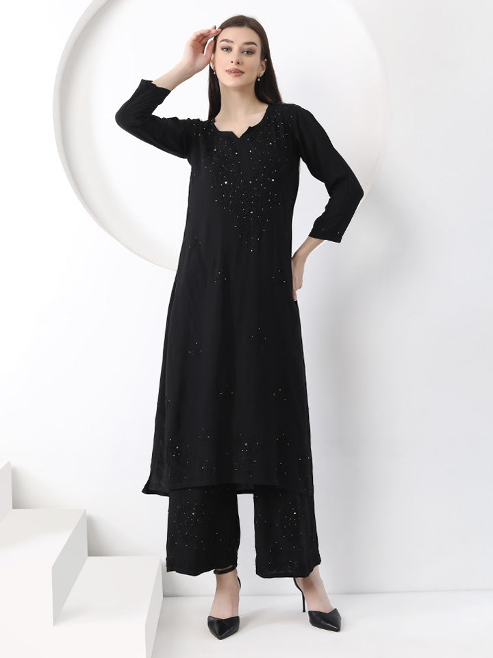 Ulfat Rayon Mukaish Chikankari Kurti & Pallazo Set-Black