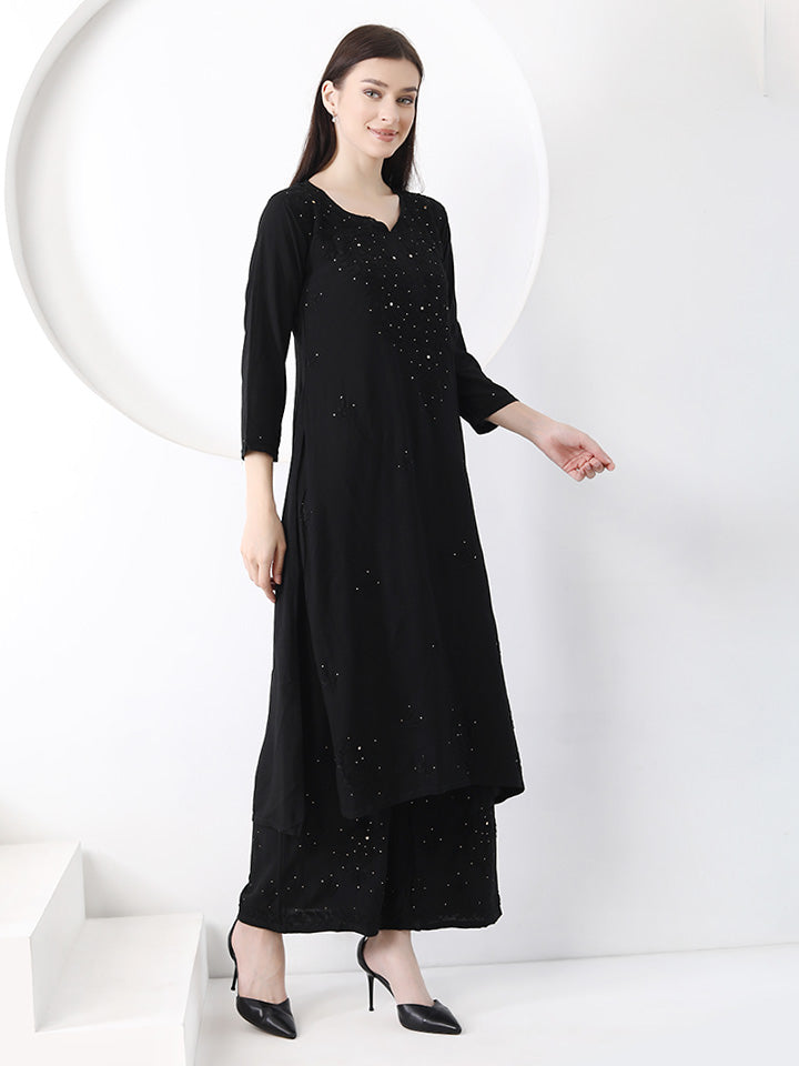 Ulfat Rayon Mukaish Chikankari Kurti & Pallazo Set-Black