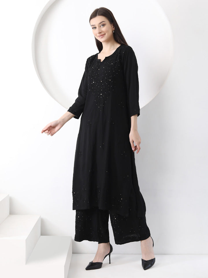 Ulfat Rayon Mukaish Chikankari Kurti & Pallazo Set-Black