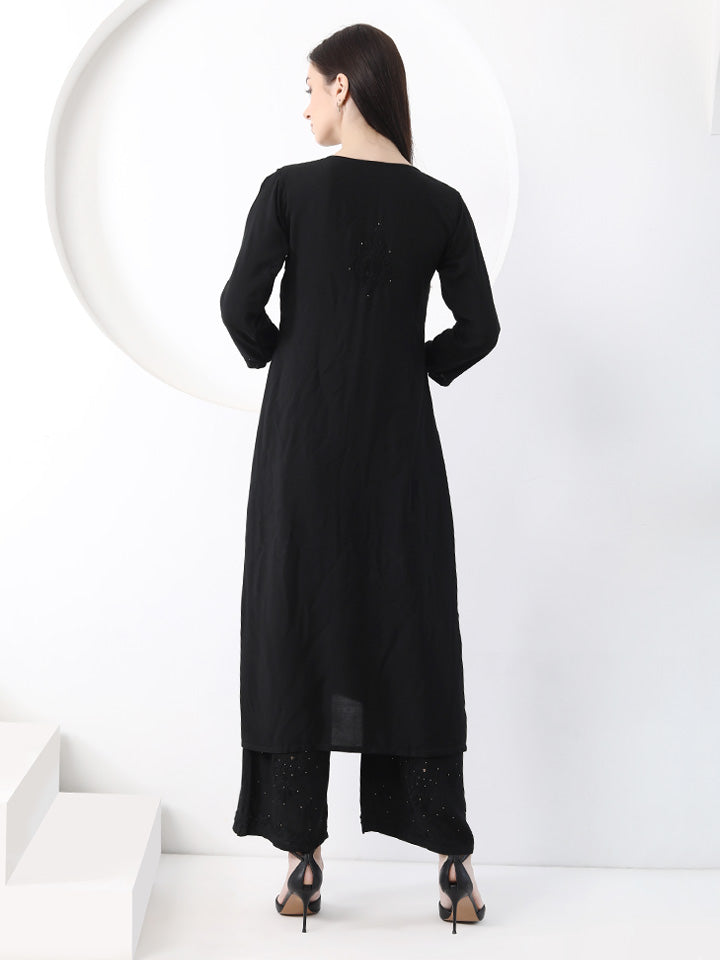 Ulfat Rayon Mukaish Chikankari Kurti & Pallazo Set-Black