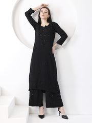 Ulfat Rayon Mukaish Chikankari Kurti & Pallazo Set-Black