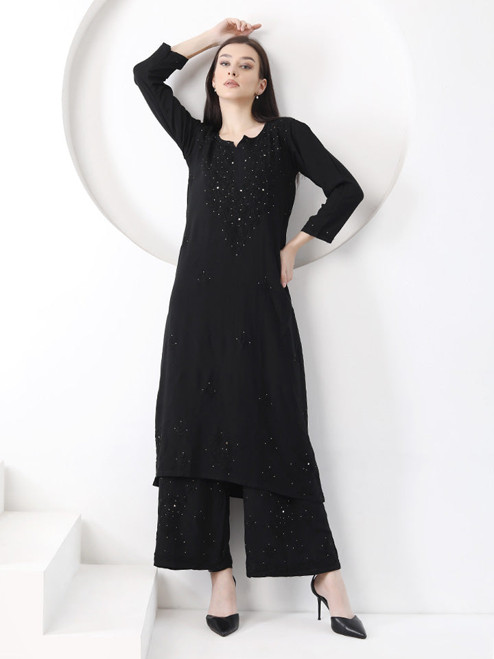 Ulfat Rayon Mukaish Chikankari Kurti & Pallazo Set-Black