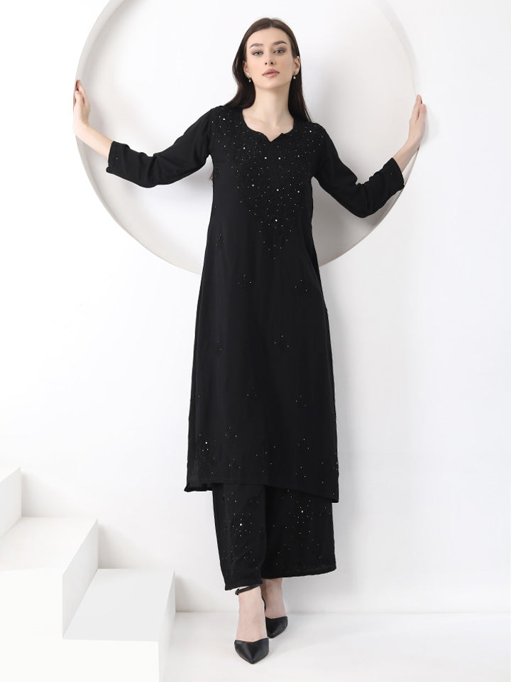 Ulfat Rayon Mukaish Chikankari Kurti & Pallazo Set-Black