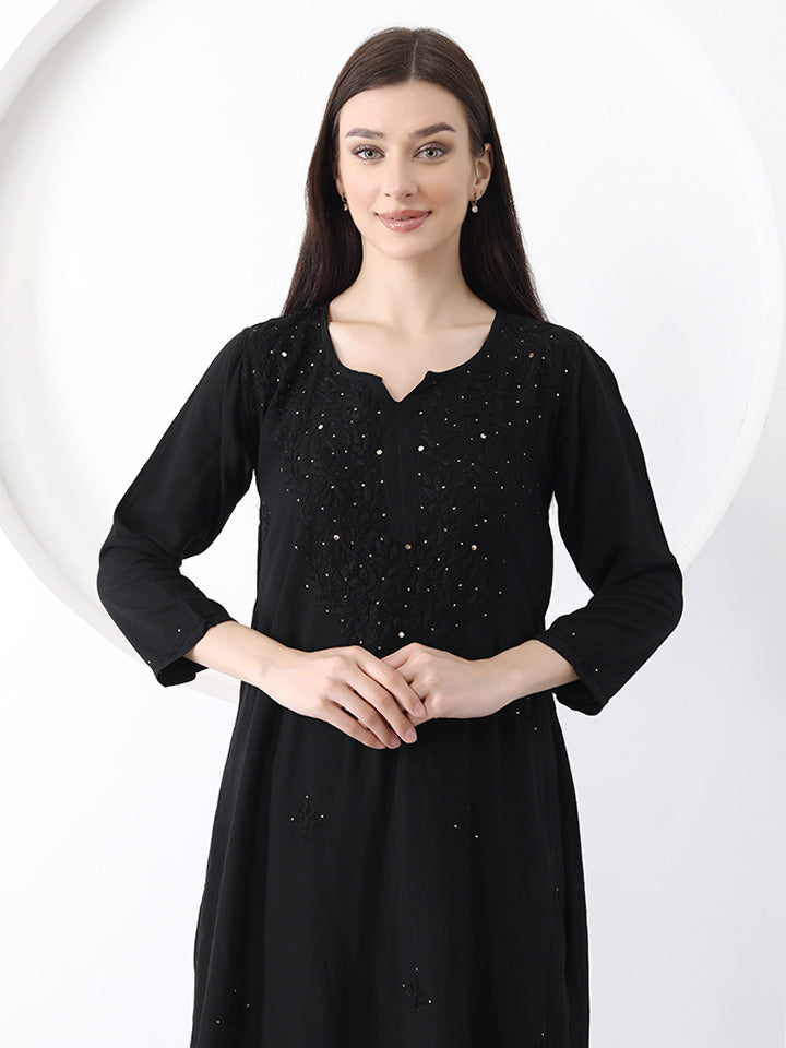 Ulfat Rayon Mukaish Chikankari Kurti & Pallazo Set-Black