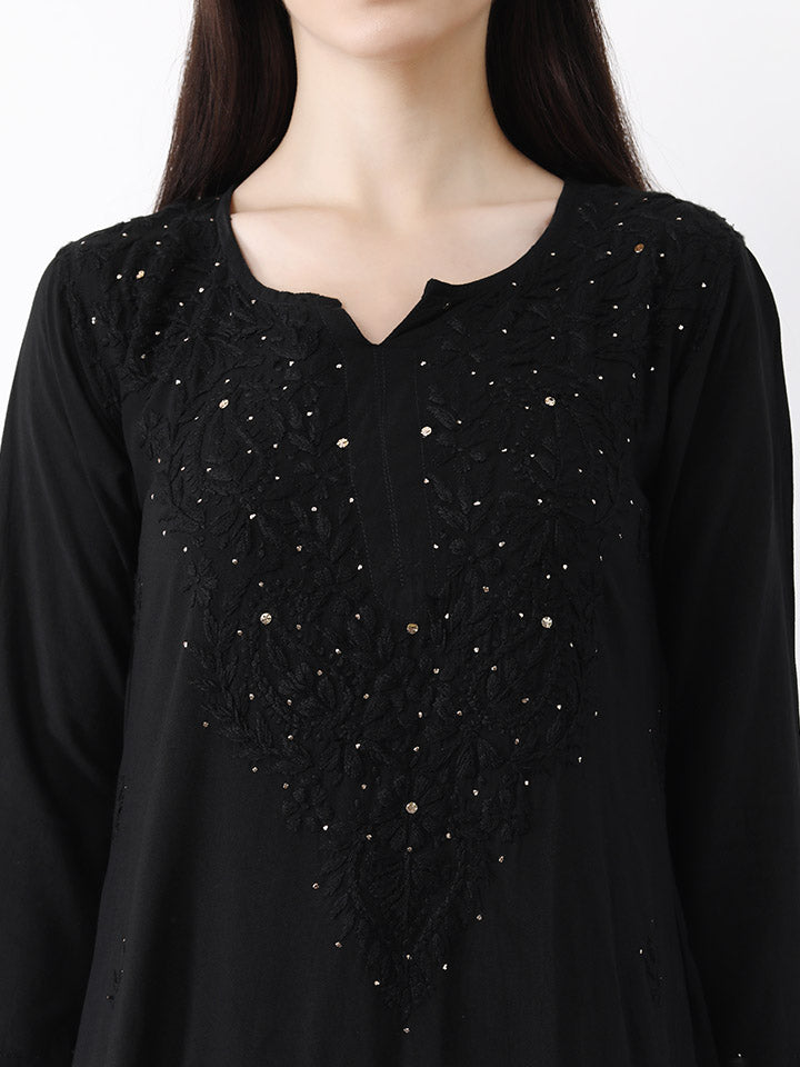 Ulfat Rayon Mukaish Chikankari Kurti & Pallazo Set-Black