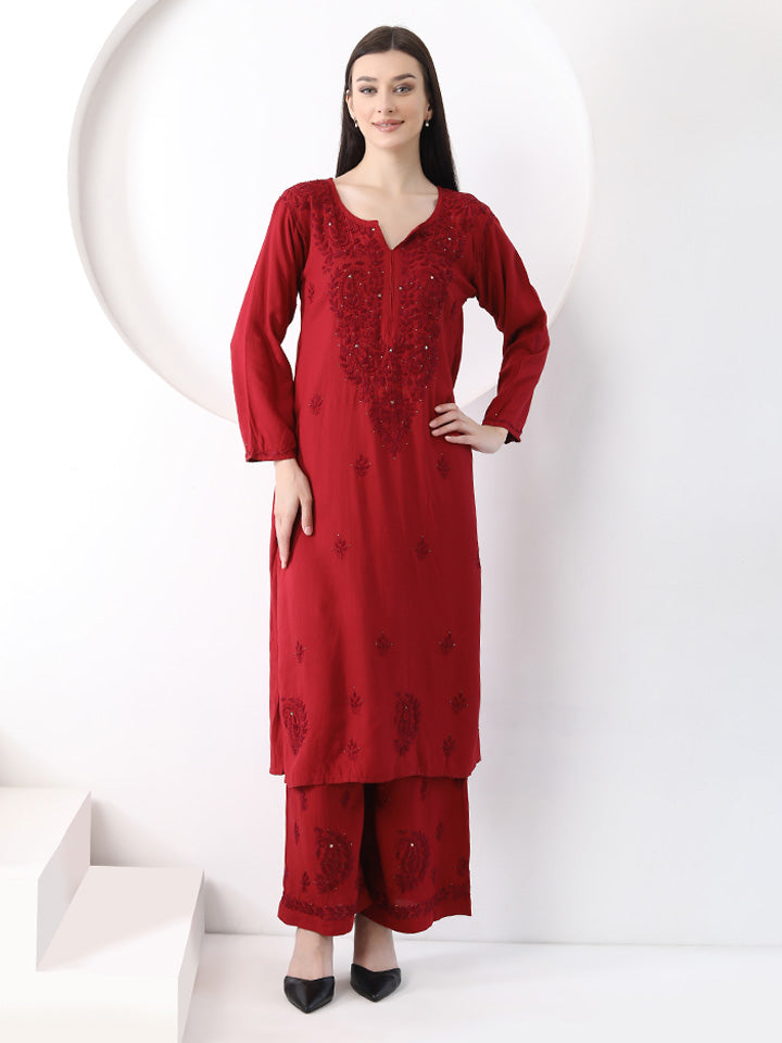 Ulfat Rayon Mukaish Chikankari Kurti Set-Maroon