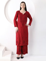 Ulfat Rayon Mukaish Chikankari Kurti Set-Maroon