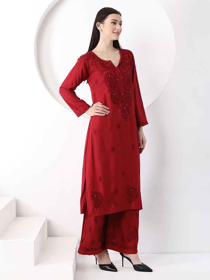 Ulfat Rayon Mukaish Chikankari Kurti Set-Maroon