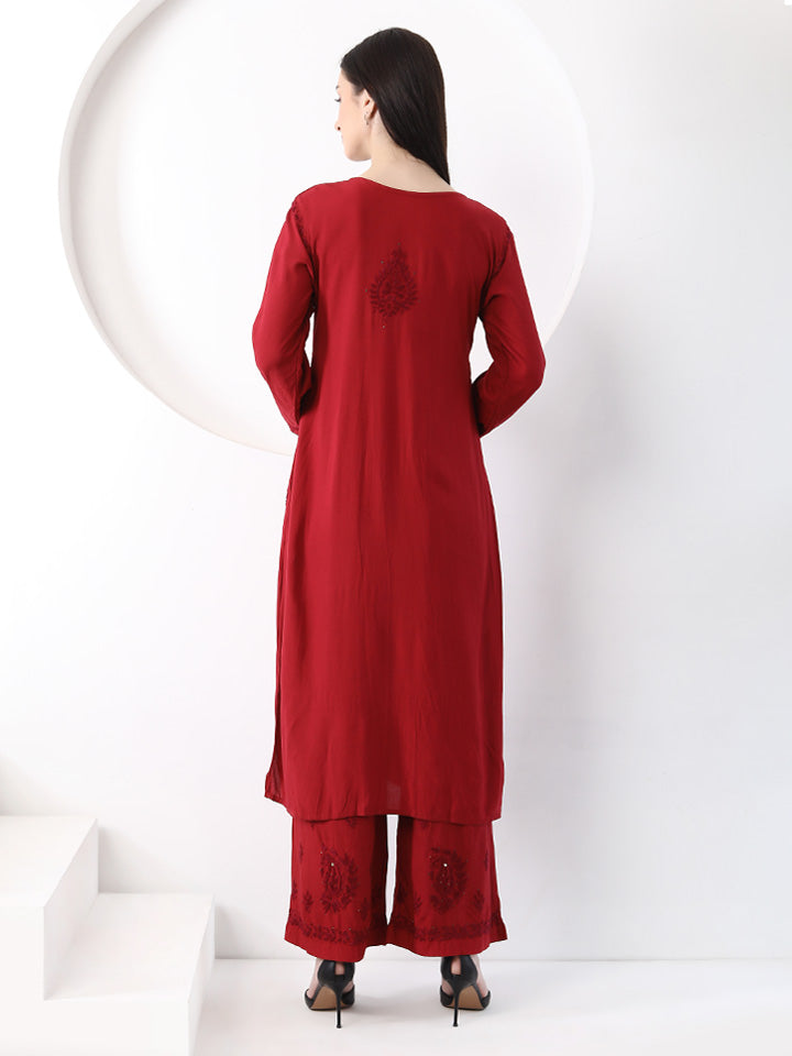 Ulfat Rayon Mukaish Chikankari Kurti Set-Maroon