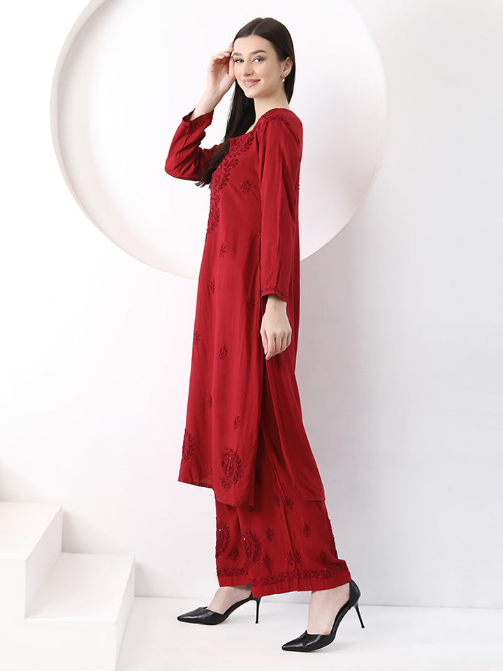 Ulfat Rayon Mukaish Chikankari Kurti Set-Maroon