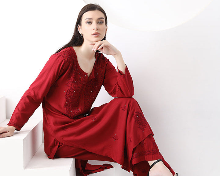 Ulfat Rayon Mukaish Chikankari Kurti Set-Maroon