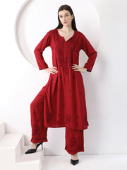 Ulfat Rayon Mukaish Chikankari Kurti Set-Maroon