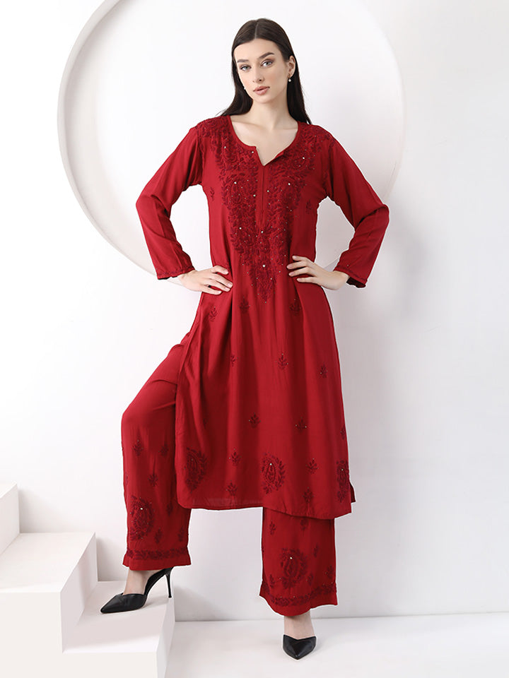 Ulfat Rayon Mukaish Chikankari Kurti Set-Maroon