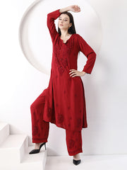 Ulfat Rayon Mukaish Chikankari Kurti Set-Maroon