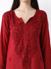 Ulfat Rayon Mukaish Chikankari Kurti Set-Maroon