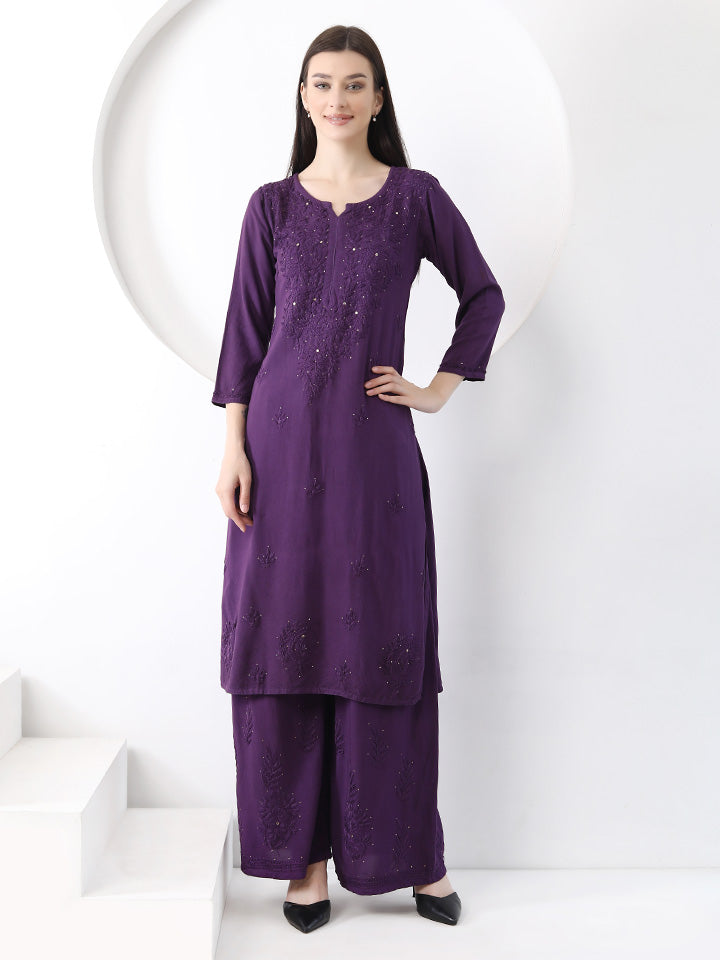 Ulfat Rayon Mukaish Chikankari Kurti Set- Purple