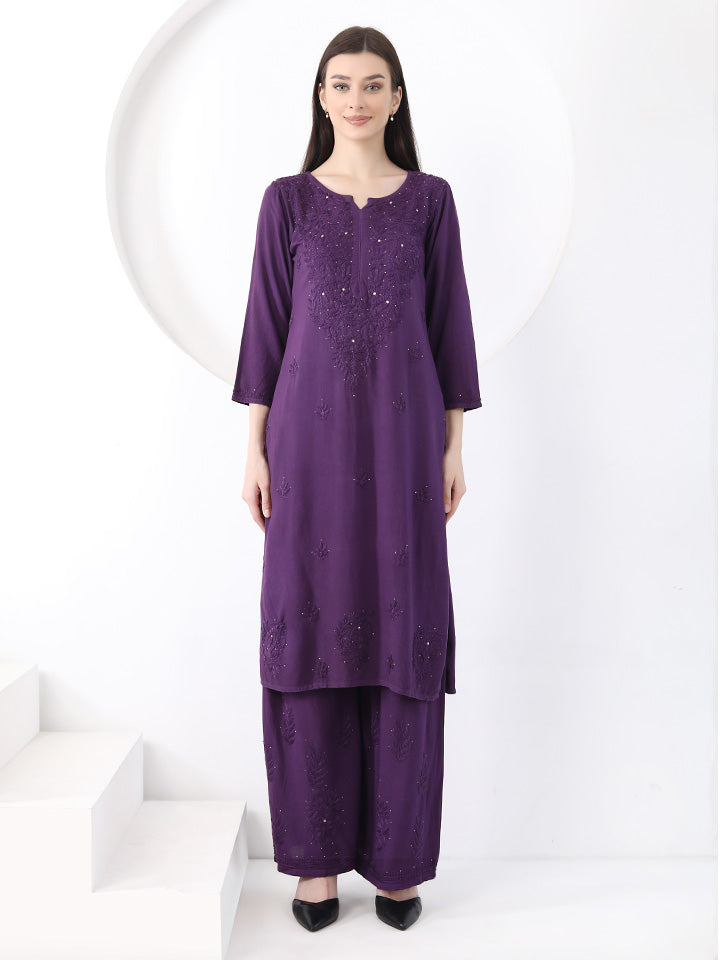 Ulfat Rayon Mukaish Chikankari Kurti Set- Purple