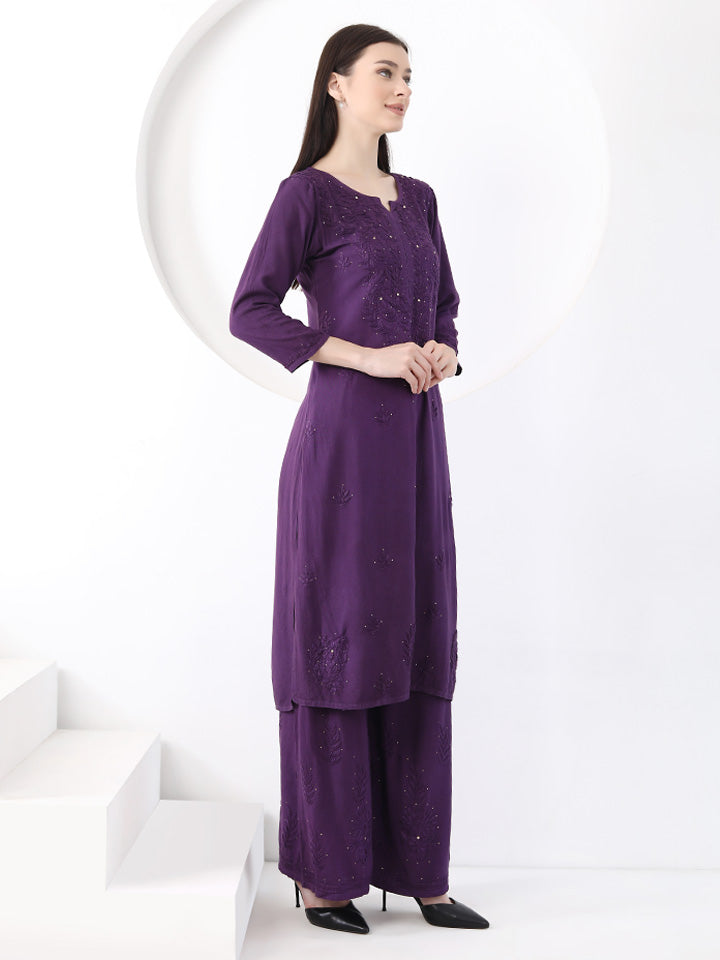 Ulfat Rayon Mukaish Chikankari Kurti Set- Purple