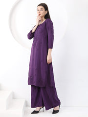 Ulfat Rayon Mukaish Chikankari Kurti Set- Purple