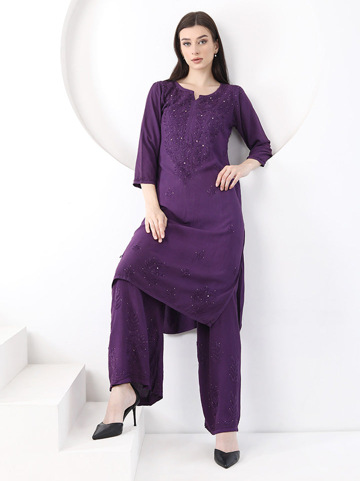Ulfat Rayon Mukaish Chikankari Kurti Set- Purple