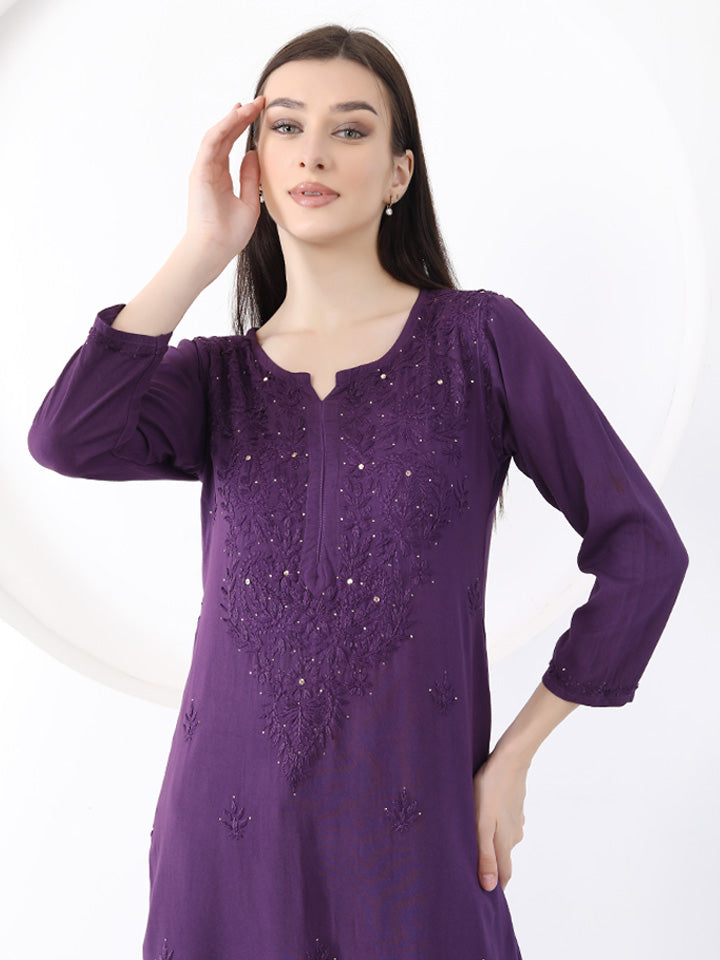 Ulfat Rayon Mukaish Chikankari Kurti Set- Purple