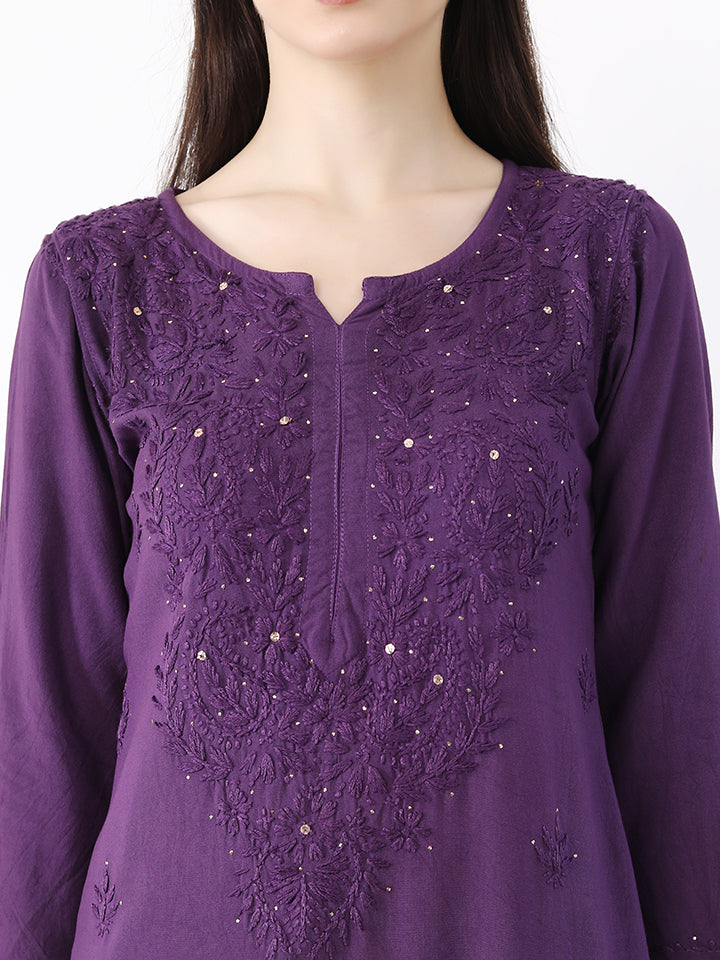 Ulfat Rayon Mukaish Chikankari Kurti Set- Purple