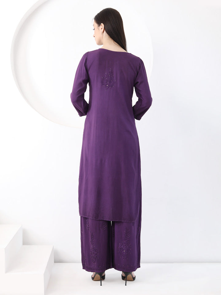 Ulfat Rayon Mukaish Chikankari Kurti Set- Purple