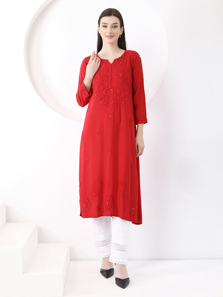 Ulfat Rayon Mukaish Chikankari Kurti-Red