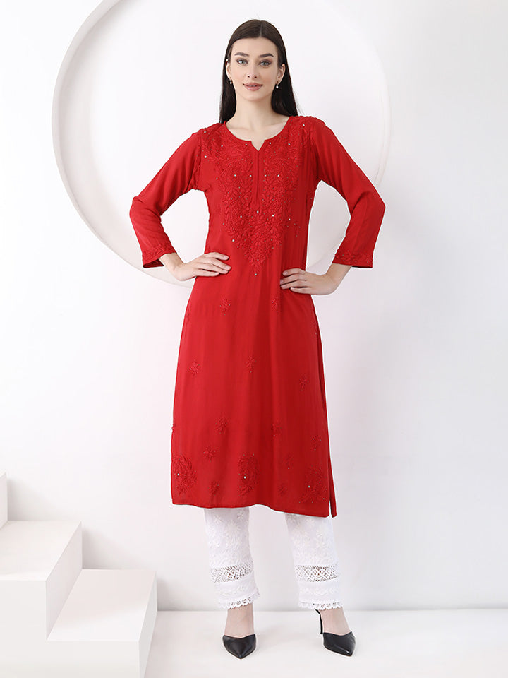 Ulfat Rayon Mukaish Chikankari Kurti-Red