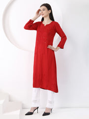 Ulfat Rayon Mukaish Chikankari Kurti-Red