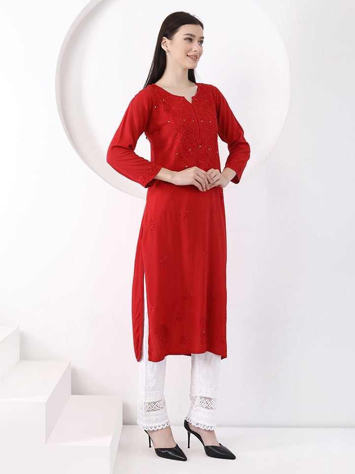 Ulfat Rayon Mukaish Chikankari Kurti-Red