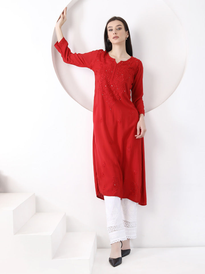 Ulfat Rayon Mukaish Chikankari Kurti-Red