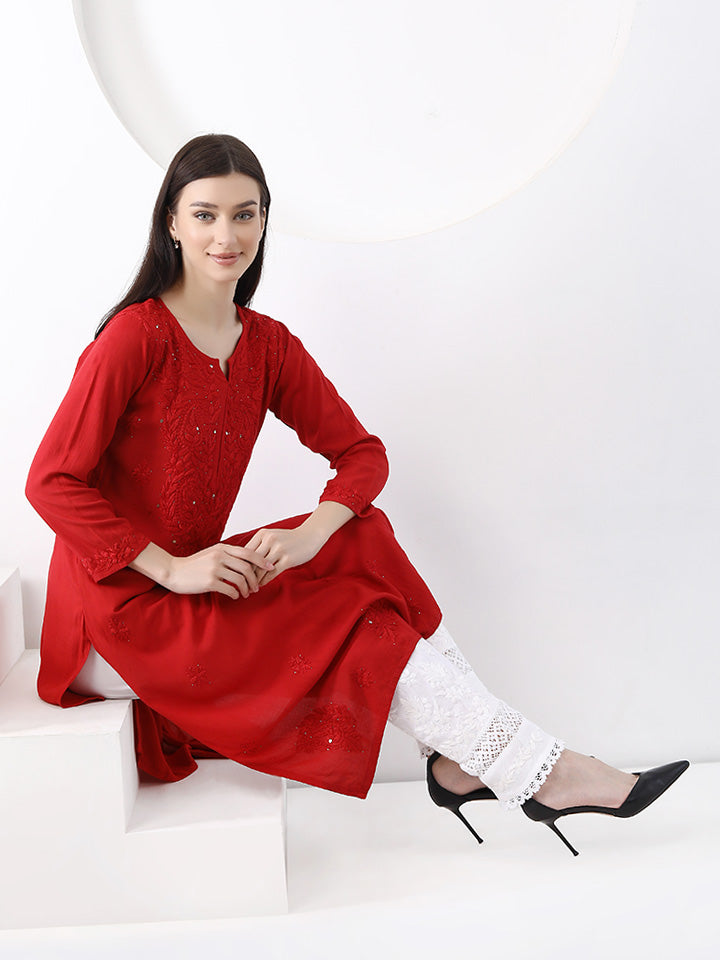 Ulfat Rayon Mukaish Chikankari Kurti-Red