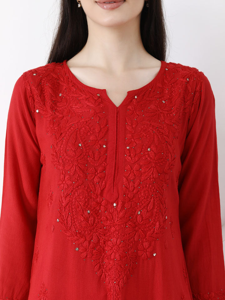 Ulfat Rayon Mukaish Chikankari Kurti-Red