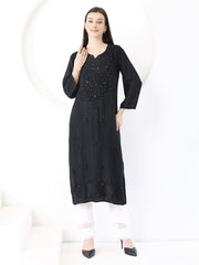 Ulfat Rayon Mukaish Chikankari Kurti- Black