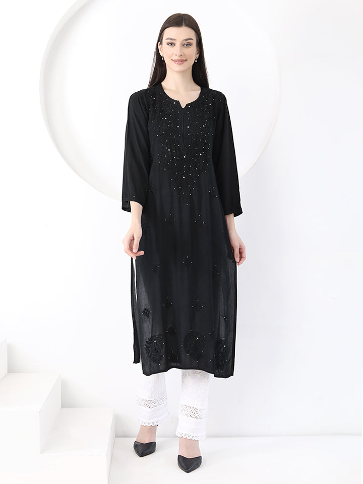 Ulfat Rayon Mukaish Chikankari Kurti- Black