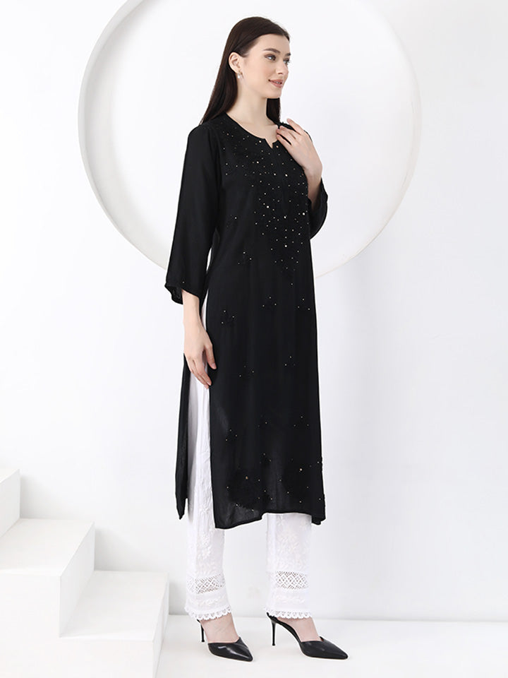 Ulfat Rayon Mukaish Chikankari Kurti- Black