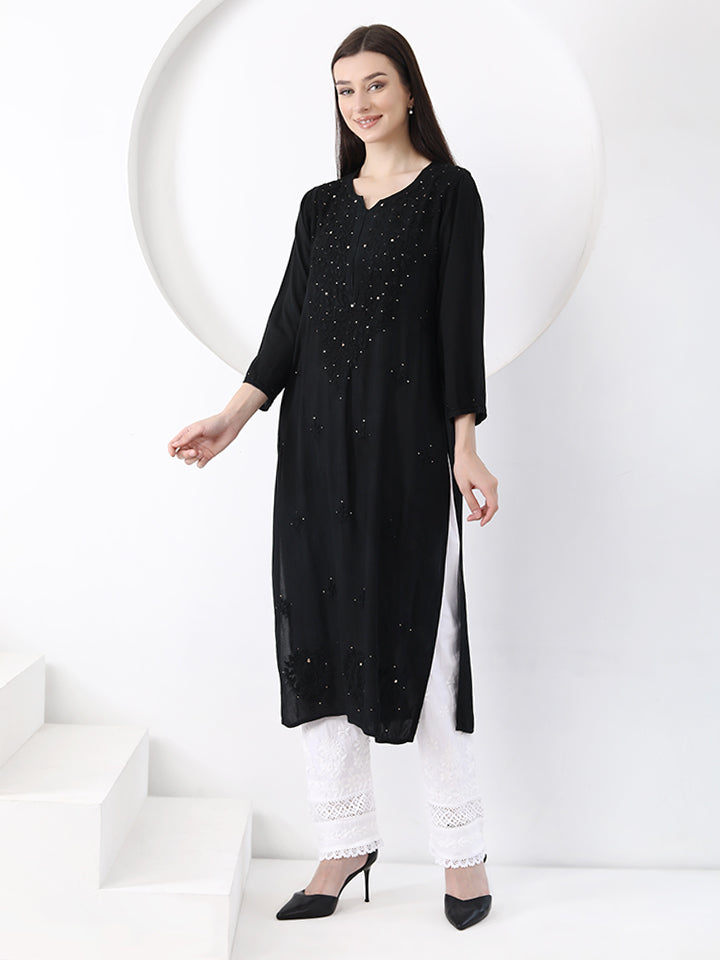 Ulfat Rayon Mukaish Chikankari Kurti- Black