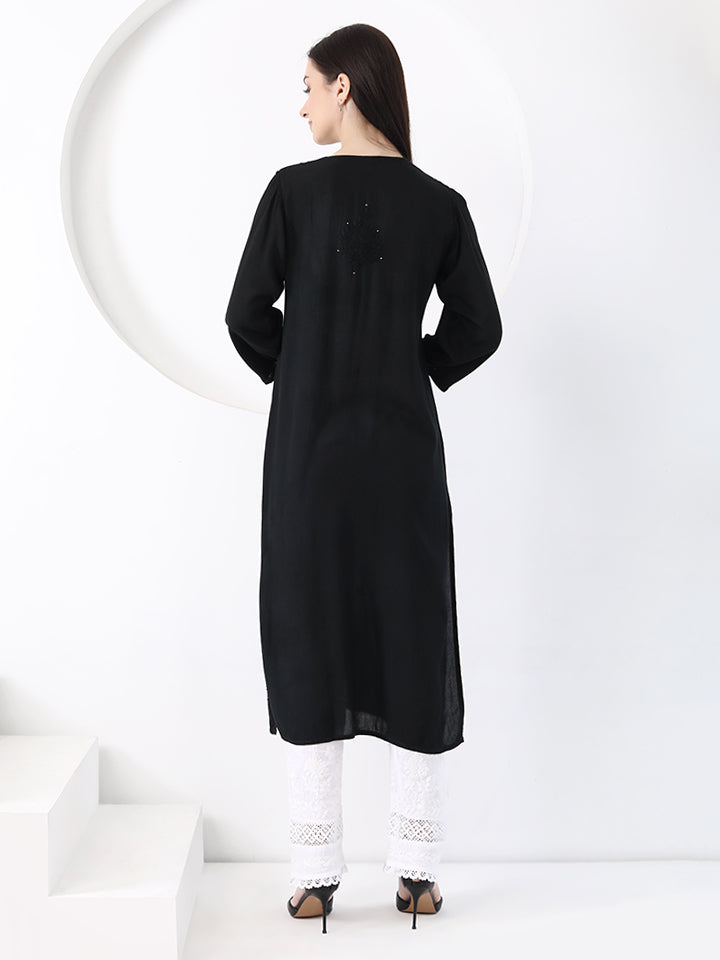 Ulfat Rayon Mukaish Chikankari Kurti- Black