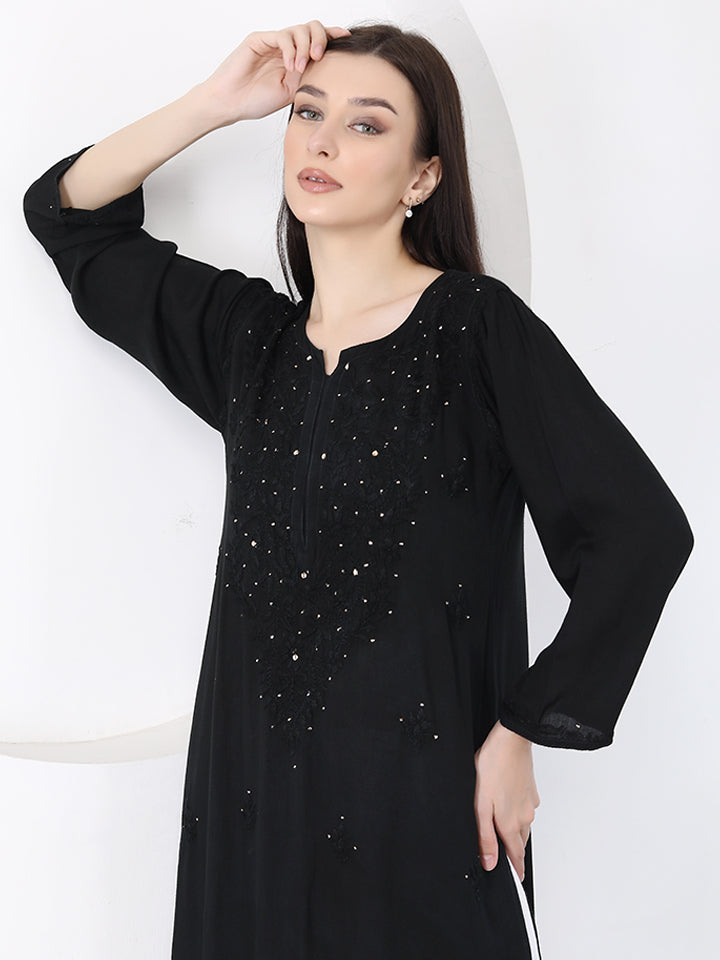 Ulfat Rayon Mukaish Chikankari Kurti- Black