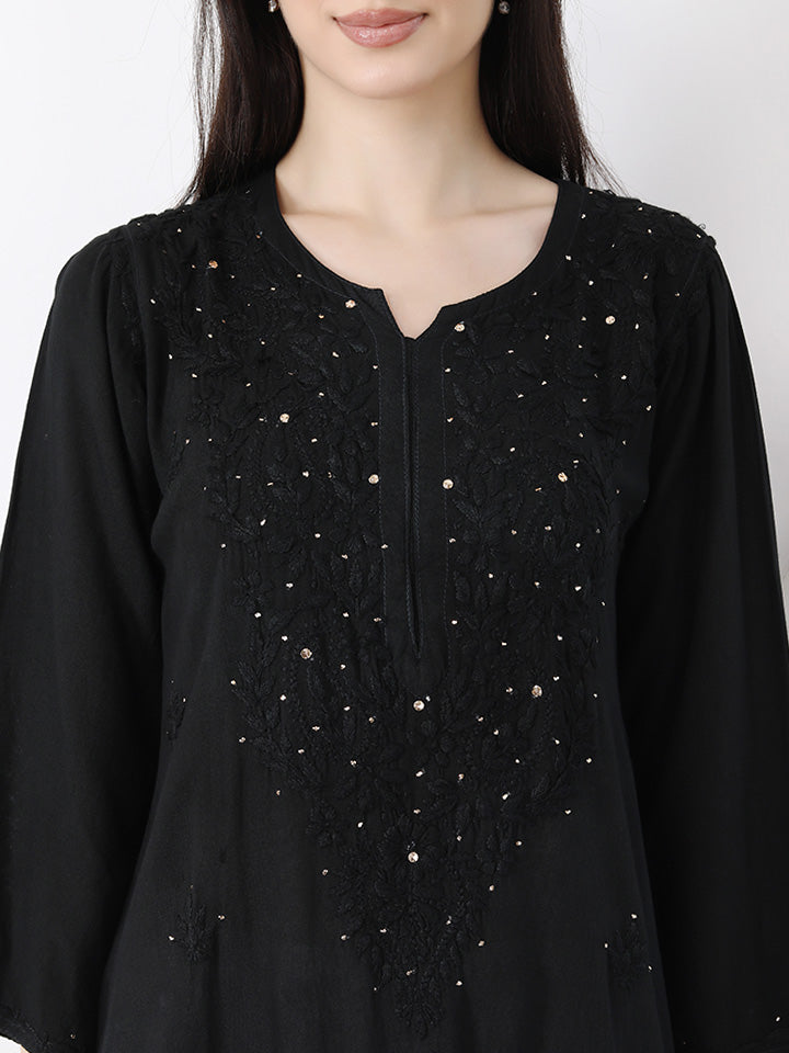 Ulfat Rayon Mukaish Chikankari Kurti- Black